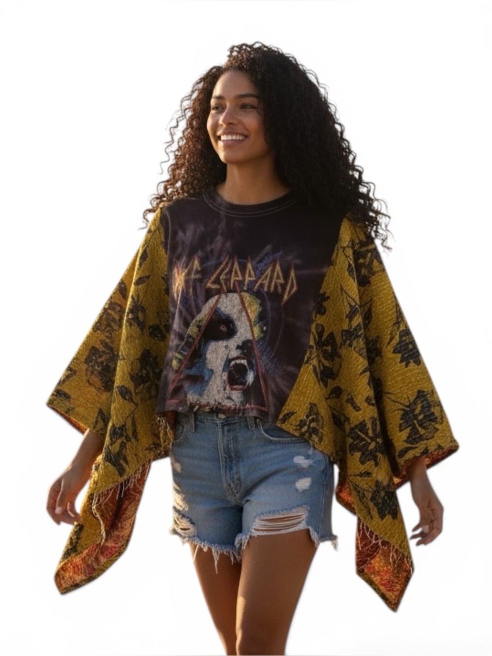 DEF LEPPARD Reworked Band Tee Poncho Style Boho   Granny D Original OS